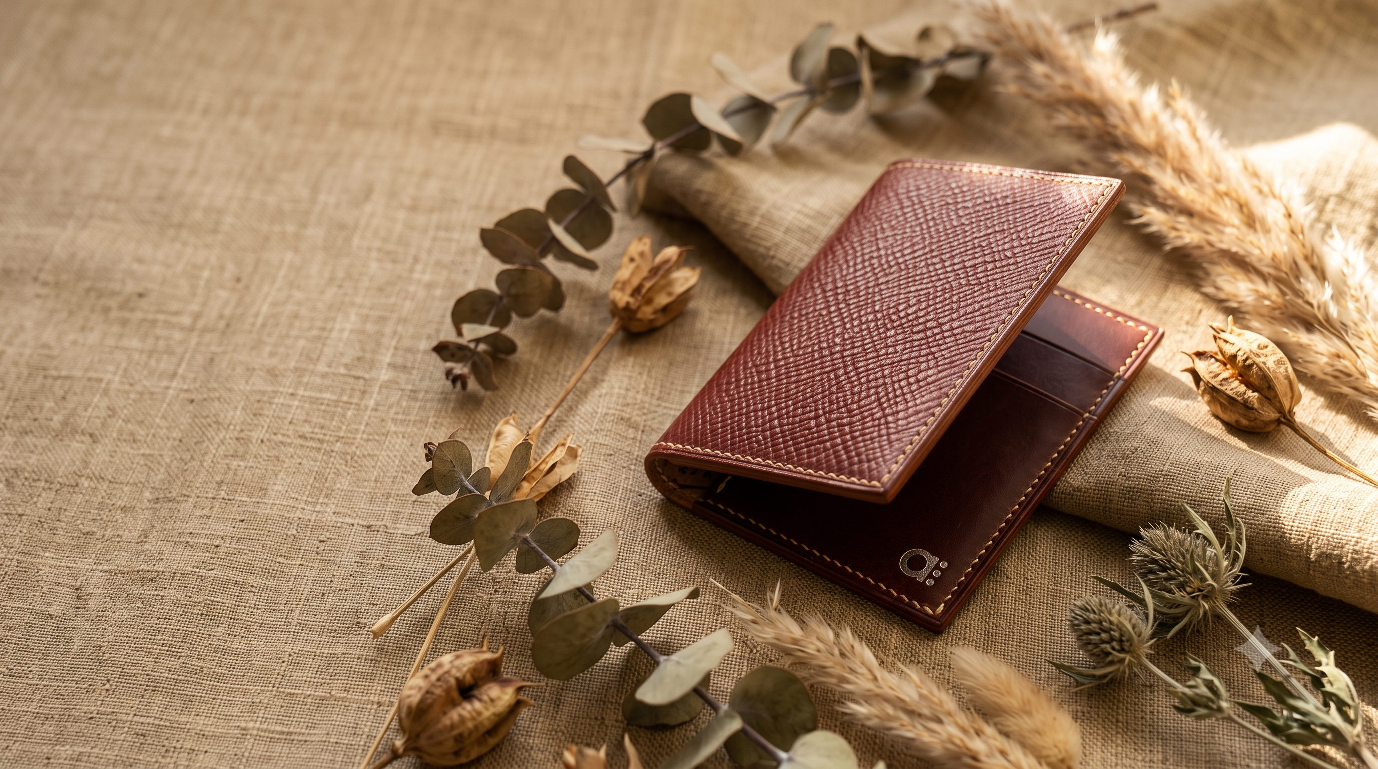 A dark brown textured leather wallet with card slots, styled on a beige linen cloth with dried eucalyptus leaves and wheat stalks.